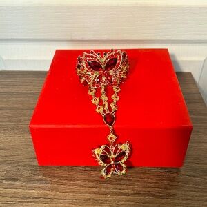 INDIAN WEDDING BRACELET BANY WITH ATTACHED RING GOLD AND RED TONE